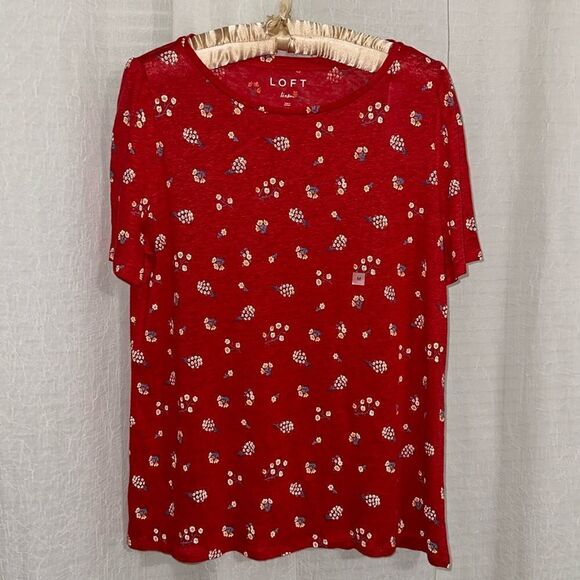 LOFT M Red Floral Linen Short Puff Sleeve Crew Tee Relaxed Fit - Picture 1 of 10